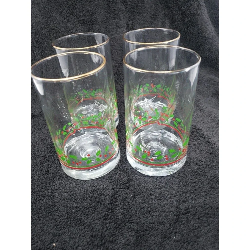Arby's Holly Berry Tumbler Glasses VTG Christmas 1984 Heavy Weight Base Gold Rim